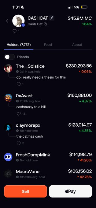 A mobile screenshot of the Fomo app showing the CASHCAT token ($45.9M MC, up 16.4%) with a leaderboard of top holders. "The__Solstice" tops the list with $230,293.56 (down 0.06%) and comments "do i really need a thesis for this," confirming the poster's claim as the biggest CASHCAT whale on the platform.