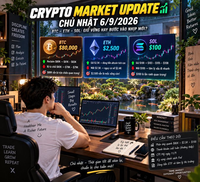 A 'Crypto Market Update' graphic for Sunday 6/9/2026 featuring BTC at $80,000, ETH at $2,500, and SOL at $100, with a person viewing charts on dual monitors in a stylized workspace.