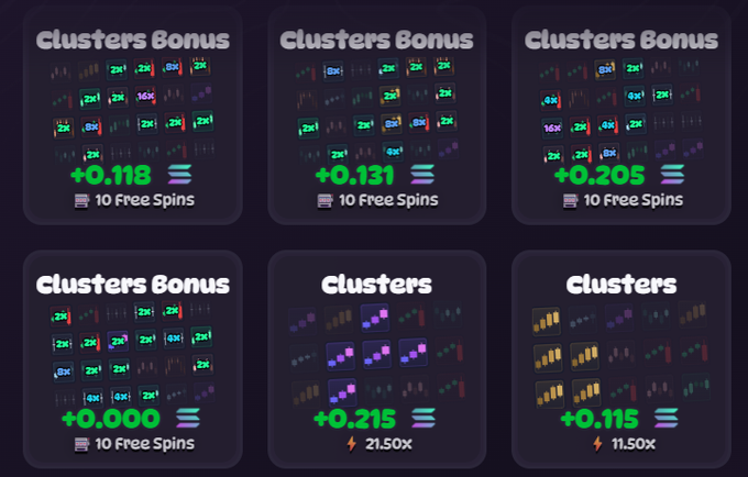 A grid of six dark-themed "Clusters Bonus" slot-style game results displays showing multipliers ranging from +0.000 to +0.205, with various free spin and payout values (10 Free Spins, 21.50x, 11.50x), appearing to be live gambling/casino results shared during a streaming session on @Rugsfun and Kick.