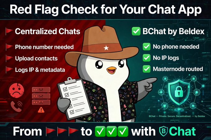 An advertisement graphic titled 'Red Flag Check for Your Chat App' comparing centralized chats (with red flags) to BChat by Beldex (with green checks), featuring a cartoon penguin mascot in a cowboy hat holding a clipboard.