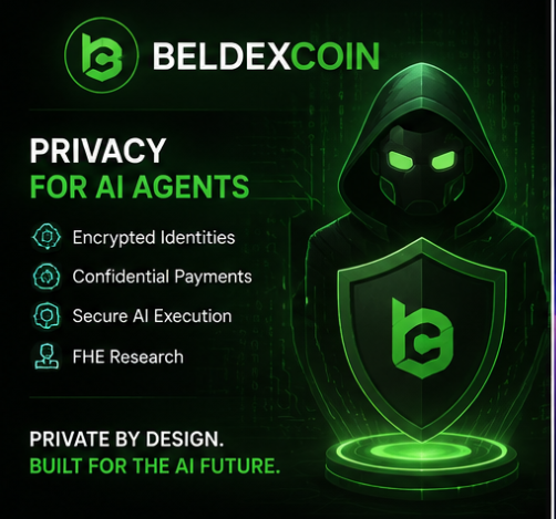A green-themed promotional graphic for 'BELDEXCOIN' advertises 'PRIVACY FOR AI AGENTS,' listing features like Encrypted Identities and Confidential Payments alongside a hooded figure holding a shield.