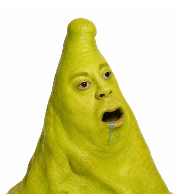 A surreal image of a green blob or pickle-shaped figure with a human-like face, drooling slightly.