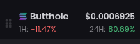 A cryptocurrency price display showing 'Butthole' token at $0.0006925, with -11.47% change in 1 hour and +80.69% change in 24 hours.