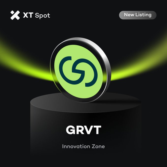 XT Spot announces a new listing for $GRVT in its Innovation Zone, with deposit, trading, and withdrawal times scheduled as indicated. The promotional graphic displays the green GRVT token emblem on a black pedestal, alongside the "XT Spot" branding and a "New Listing" badge.
