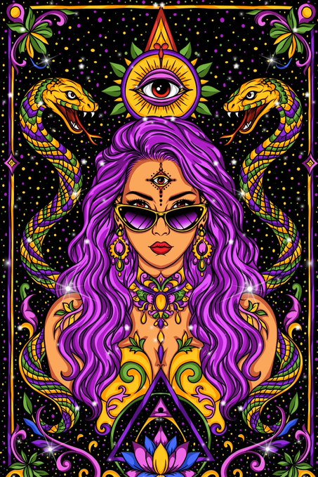 Vibrant psychedelic artwork depicts a purple-haired woman in sunglasses framed by two snakes, with mystical eyes, gems, and geometric symbols.
