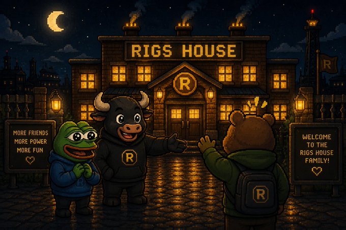 A pixel art scene showing three cartoon characters in front of a building labeled 'RIGS HOUSE' with signs reading 'MORE FRIENDS MORE POWER MORE FUN' and 'WELCOME TO THE RIGS HOUSE FAMILY!'.