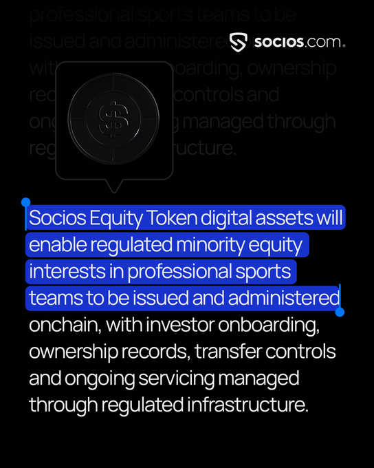 A promotional image for Socios.com highlighting text about 'Socios Equity Token digital assets' enabling regulated minority equity interests in professional sports teams issued and administered onchain.