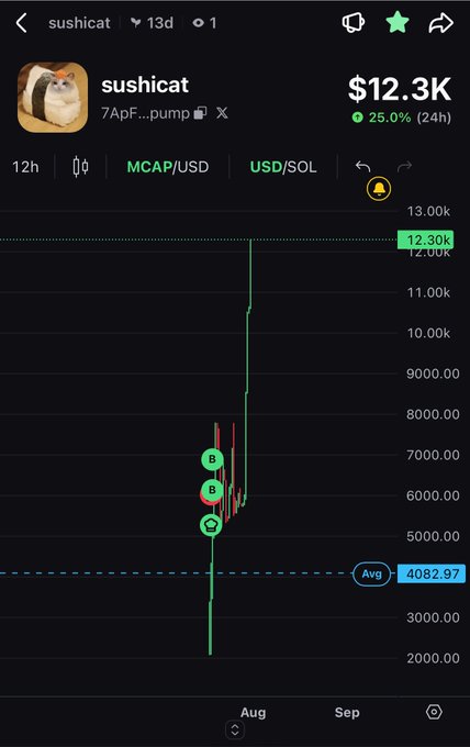 A cryptocurrency price chart for 'sushicat' showing a market cap of $12.3K with a 25.0% increase over 24 hours, reaching a high of 12.30k on the MCAP/USD scale.