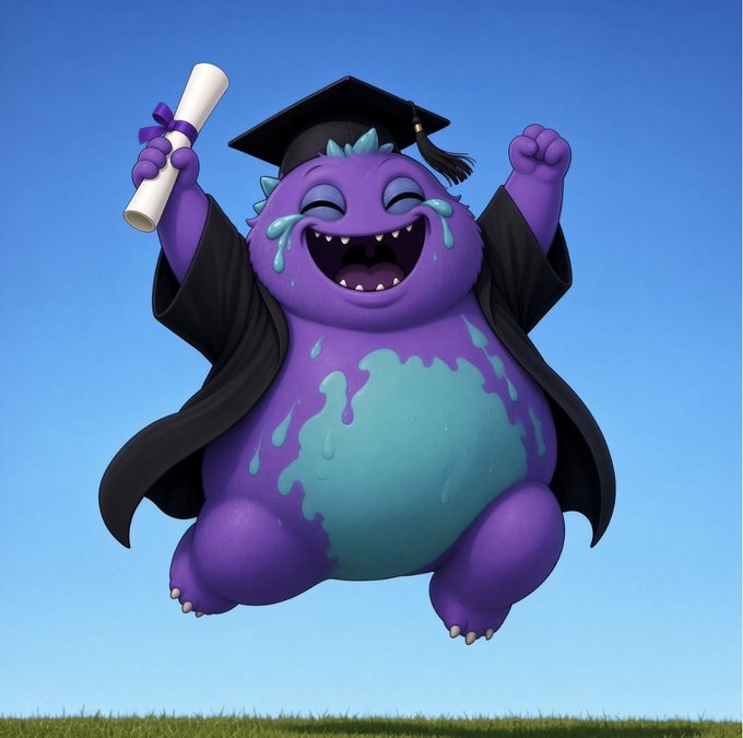 A purple cartoon monster wearing a black graduation cap and gown, holding a diploma scroll and cheering joyfully against a blue sky background.