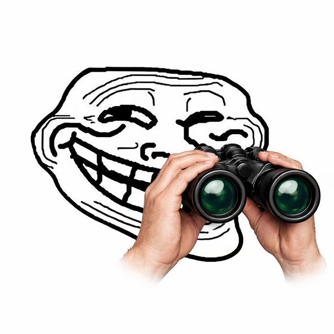 A trollface meme—one of the earliest internet memes—drawn behind hands holding binoculars that peek out from its grinning eyes, symbolizing the post's call to "spot" and accumulate the $TROLL token, described as a piece of 20-year-old internet culture being bought at a low market cap.