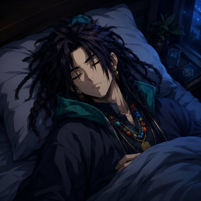 An anime-style illustration of a person with long dark dreadlocks sleeping peacefully in bed, wearing a dark robe with teal lining and colorful beaded necklaces, with a glass of water on a nearby nightstand.