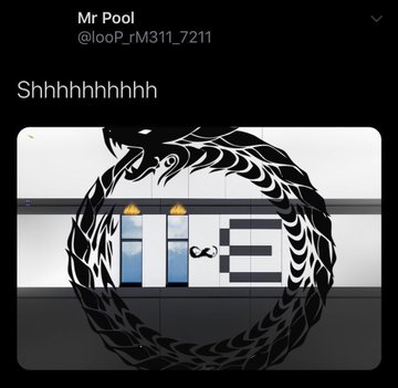 A social media post by "Mr Pool" (@looP_rM311_7211) with "Shhhhhhhhhh" text accompanies an image of the XRP logo's ouroboros design overlaid on glass doors marked "E2". The serpent eating its own tail visually reinforces the cryptic, hush-hush tone of the message.