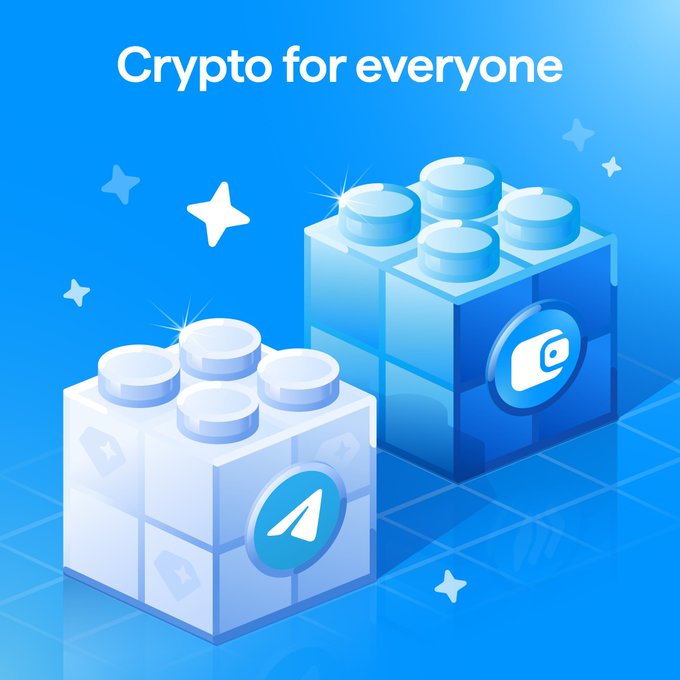 A blue promotional graphic featuring 3D blocks and the text 'Crypto for everyone' alongside logos resembling AAVE and Coinbase.