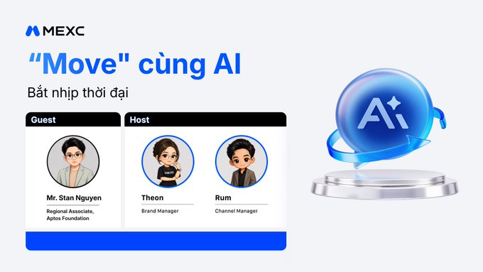 A MEXC promotional graphic titled 'Move cùng AI' (Vietnamese: Move with AI) introducing speaker Mr. Stan Nguyen from Aptos Foundation, with hosts Theon and Rum, alongside a blue 'AI' logo.