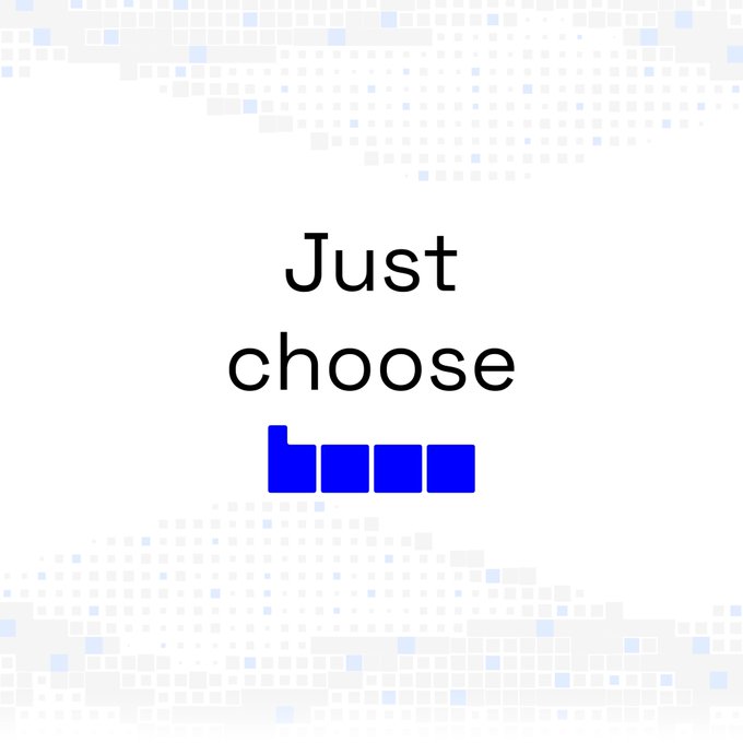 The image features a pixelated blue thumbs-up icon below the text "Just choose" on a white background with light blue pixel patterns along the top and bottom edges. It visually reinforces the post's message, "just choose Base," by using a thumbs-up as a symbol of approval for the Base blockchain network.