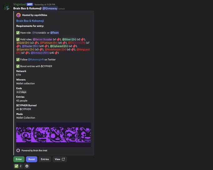 A Discord message displays a giveaway hosted by 'zayn0bios' for 'Brain Box & Kokomoji,' with entry requirements including holding various NFT roles like @Server Booster, @Silver, @Gold, and following @KokomojiNFT on Twitter.