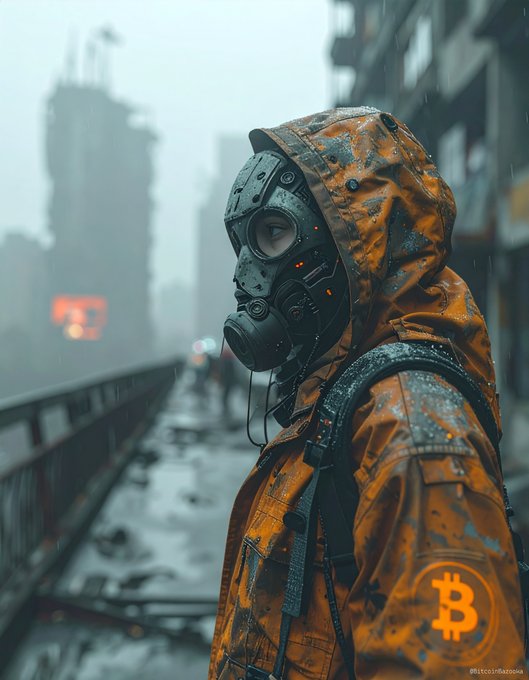 A dystopian AI-generated image of a person in an orange hooded jacket wearing a gas mask with a Bitcoin logo, standing on a wet bridge in a rainy, post-apocalyptic urban environment.