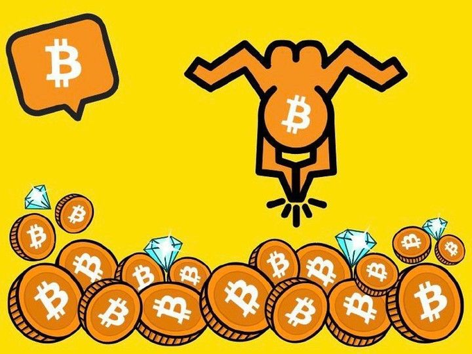A stylized Bitcoin illustration features a rocket-shaped bull with the ₿ symbol blasting off from a pile of Bitcoin and diamond coins, with a Bitcoin speech bubble in the corner, visually reinforcing the post's observation of aggressive BTC accumulation at the $58k–$60k range followed by a quick rebound.