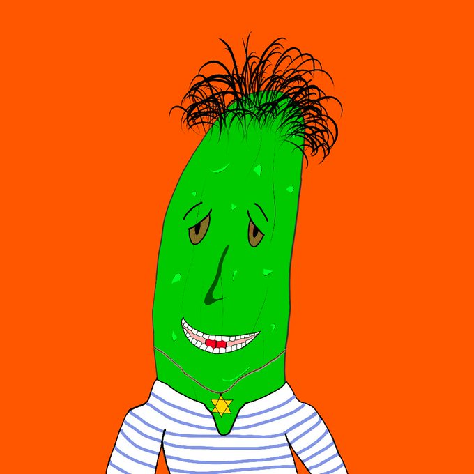 An illustration of a green, pickle-shaped character with black hair and a striped shirt wearing a Star of David necklace on an orange background.