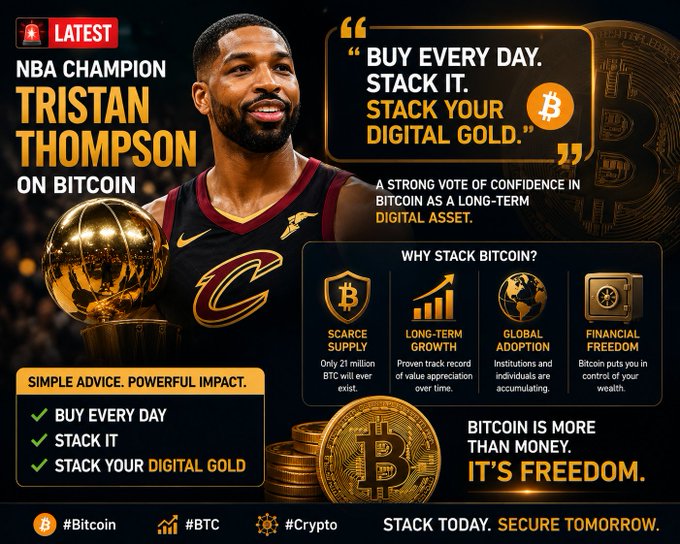Promotional poster featuring NBA Champion Tristan Thompson of the Cleveland Cavaliers holding a championship trophy, with the quote "BUY EVERY DAY. STACK IT. STACK YOUR DIGITAL GOLD." promoting Bitcoin as a long-term digital asset.