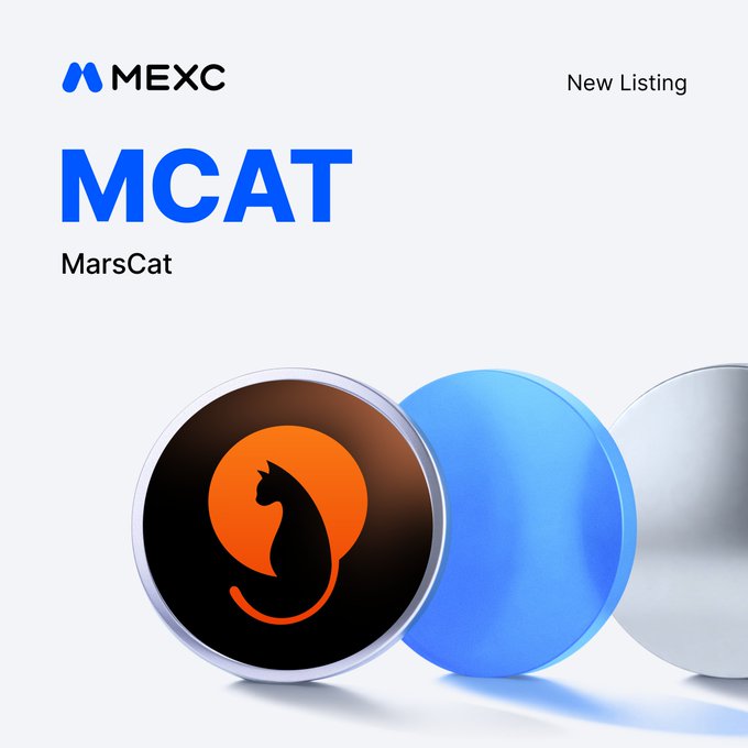 A promotional graphic announcing the MEXC exchange new listing of MarsCat ($MCAT), featuring the MEXC logo, the blue "MCAT" ticker text with "MarsCat" label, and a stylized 3D coin displaying an orange cat silhouette on a black background alongside blue and silver spheres. The image visually supports the listing announcement with the trading pair $MCAT/USDT scheduled for September 10, 2026.