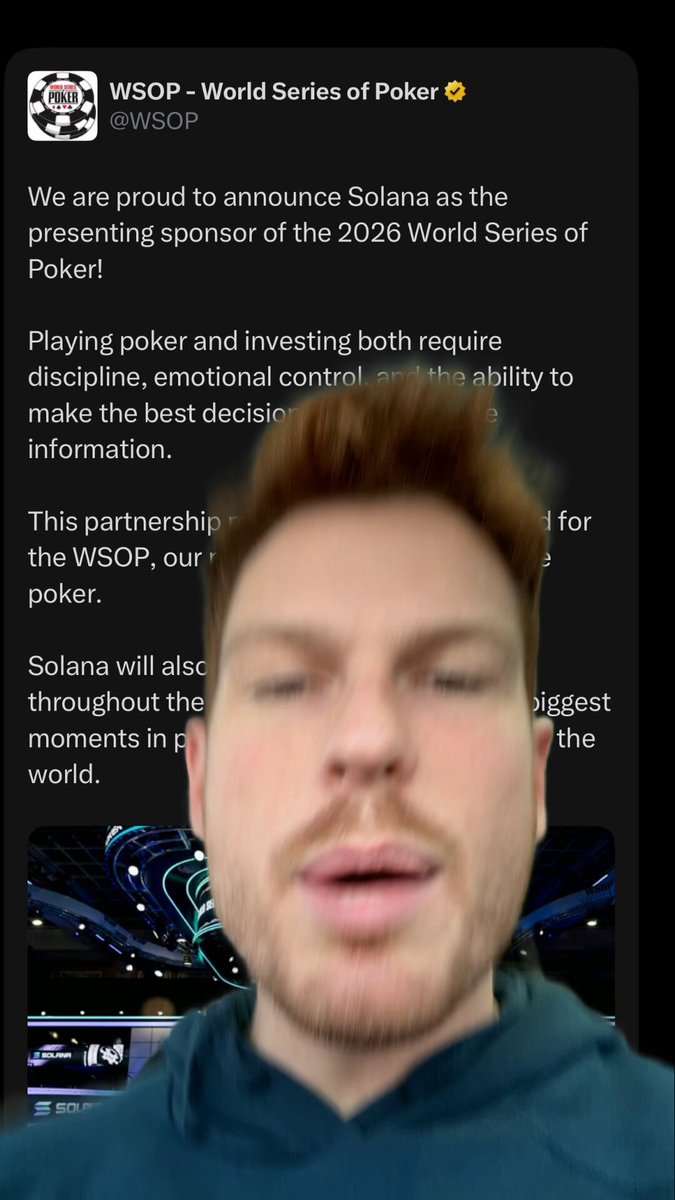 The image features a man with a beard wearing a blue hoodie, looking directly at the camera. He has a serious expression as he reads out loud from a Twitter post about Solana taking over poker. The text of the post includes mentions of "Solana" and "Poker", suggesting that it is related to the popular online poker game.