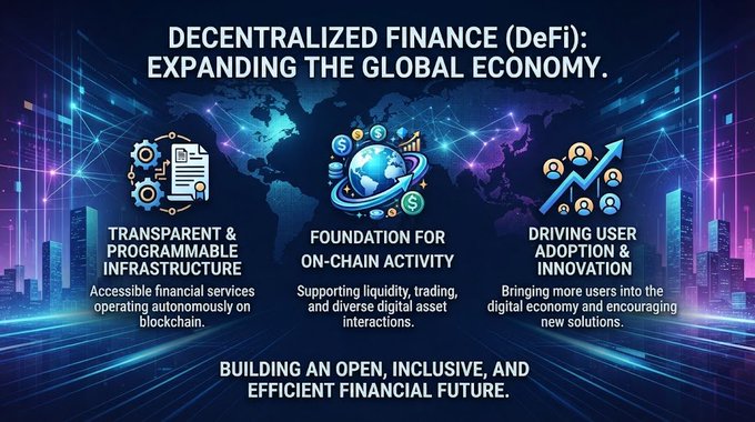 An infographic titled 'DECENTRALIZED FINANCE (DeFi): EXPANDING THE GLOBAL ECONOMY' highlighting transparent infrastructure, on-chain activity, and user adoption, set against a world map and city skyline.