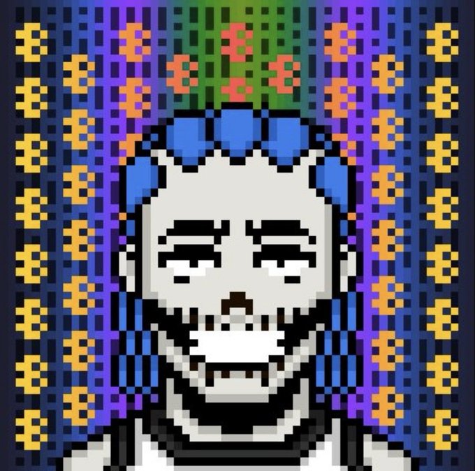 A pixel art portrait of a bald figure with a blue crown and downward-cast eyes, set against a vibrant blue background patterned with yellow symbols and topped with green and orange pixelation.