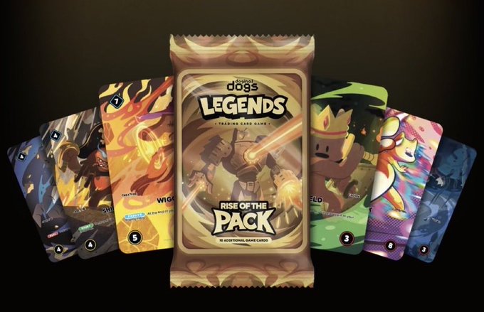 A product display for 'Dogs Legends: Rise of the Pack,' a trading card game, showing a central booster pack surrounded by fanned-out collectible cards featuring dog characters.