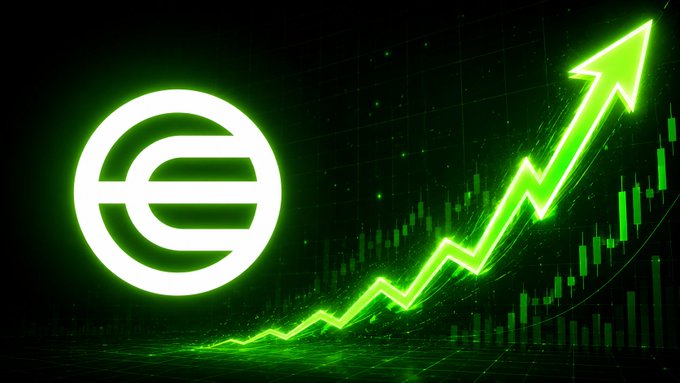 This image features a graphic design featuring an upward-facing green bar chart with a gradient arrow pointing upwards, and below this chart, there's a large white logo, which reads "EURO" in big letters at the center. The entire scene is set against a black background.