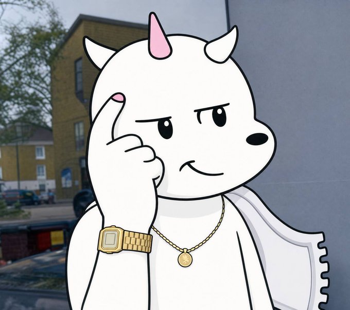 The image is a meme featuring the "Unicorn" template—a cartoon unicorn character wearing a gold watch and chain, with a smug expression and finger to its temple, set against a background of British row houses. It relates to the post "$LILUNI coming soon..." by signaling confident anticipation of the token's launch, as the unicorn character is commonly used to hype or foreshadow upcoming crypto projects.
