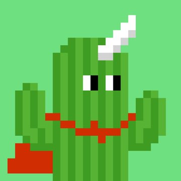 A pixel art illustration of a green cactus with a sad face, a red mouth, a white flower on top, and an arm sticking out from its side, set against a green background.