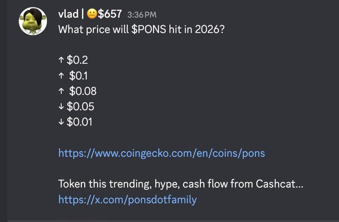 A Discord message from user "vlad" posted at 3:36 PM asks "What price will $PONS hit in 2026?" with five voting options ranging from $0.2 (↑) to $0.01 (↓), along with a CoinGecko link and an X/Twitter link to @ponsdotfamily, supporting the post's request to add a $PONS prediction market to Polymarket.