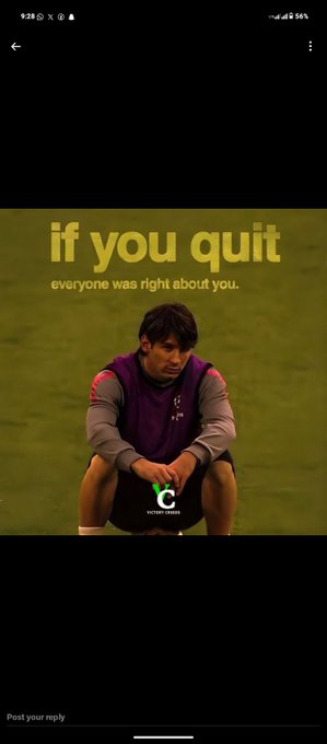A short-form video featuring a young man in a purple and grey sports kit sitting on a field with a motivational caption reading 'if you quit everyone was right about you.'