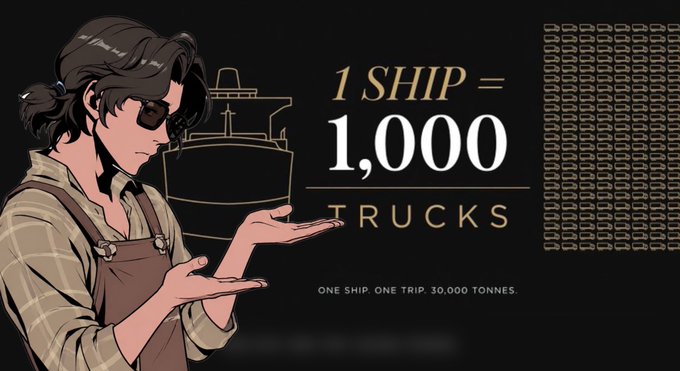 An illustration of a worker in overalls holding their hands out next to a cargo ship, with text '1 SHIP = 1,000 TRUCKS, ONE SHIP. ONE TRIP. 30,000 TONNES.'