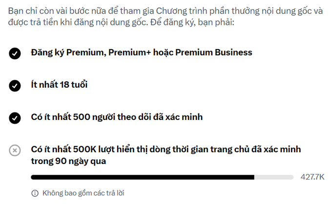 A Vietnamese-language list of requirements for Twitter's creator revenue program, including Premium subscription, being 18+, and having 500 verified followers.