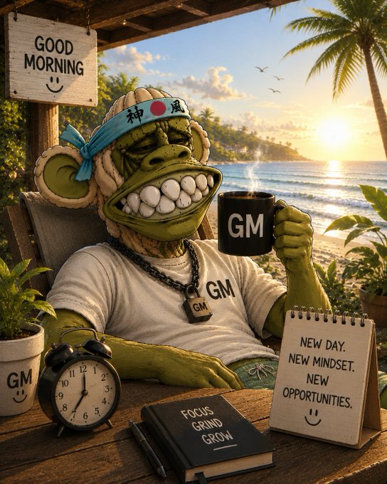 A digital artwork of a green-skinned, grinning character wearing a 'GM' headband and necklace, sitting at a beachside table with motivational text including 'GOOD MORNING', 'NEW DAY. NEW MINDSET. NEW OPPORTUNITIES.', and 'FOCUS GRIND GROW'.