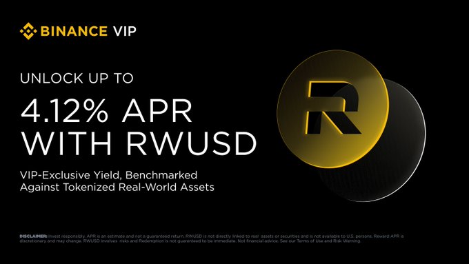 Binance VIP advertisement offering 'UNLOCK UP TO 4.12% APR WITH RWUSD' featuring a gold and black 'R' token coin, described as 'VIP-Exclusive Yield, Benchmarked Against Tokenized Real-World Assets'.