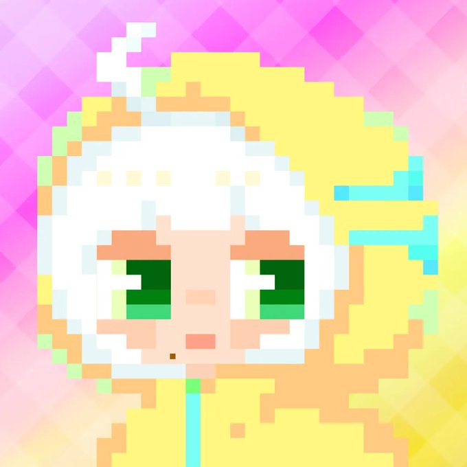 A pixel art image of a cute character with blonde hair, green eyes, and a white headband against a pink and yellow checkered background.