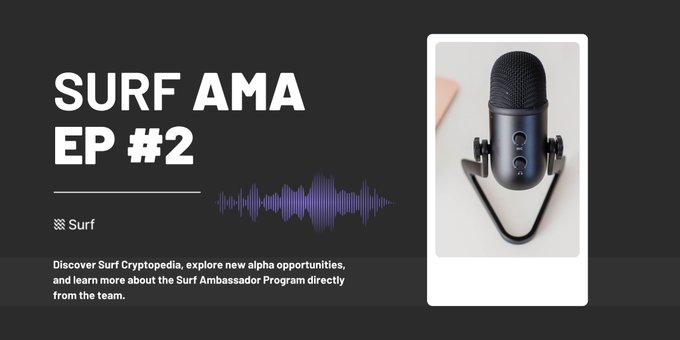 A promotional graphic for 'SURF AMA EP #2' featuring a blue microphone and a sound wave, inviting viewers to learn about the Surf Ambassador Program.