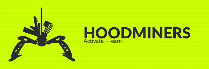 The Hoodminers logo is displayed on a bright neon green background, featuring a stylized mechanical mining claw with the tagline 'Activate - earn'.