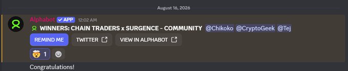 A Discord message from Alphabot announcing winners for 'CHAIN TRADERS x SURGENCE - COMMUNITY' tagged with @Chikoko @CryptoGeek @Tej, dated August 16, 2026.