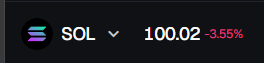 A digital ticker showing cryptocurrency information for SOL (Solana) with a price of 100.02 and a -3.55% decrease.