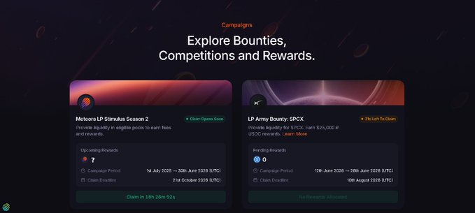 A cryptocurrency platform page titled 'Explore Bounties, Competitions and Rewards,' showcasing 'Metcera LP Stimulus Season 2' and 'LP Army Bounty: $PCX' campaigns with countdown timers.
