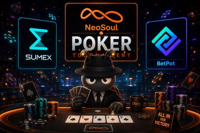 Promotional graphic for a 'NeoSoul POKER TOURNAMENT' featuring a cartoon character in a suit and fedora holding playing cards, with logos for SUMEX and BetPot, poker chips, and a sign reading 'ALL IN FOR VICTORY'.