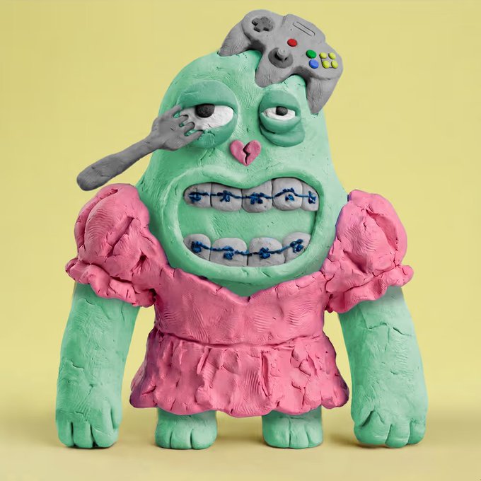 A clay-style green monster character in a pink dress has a video game controller on its head, braces on its teeth, and a hand reaching for its eye against a yellow background.