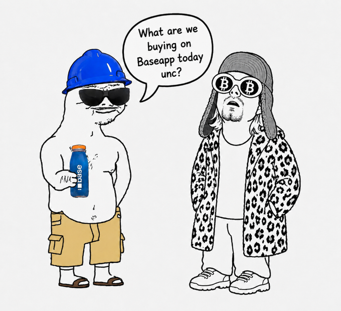Two wojak-style cartoon characters are depicted, one wearing a blue cap and sunglasses while holding a blue "BASE" branded drink, and another in a leopard print coat and Bitcoin sunglasses with a speech bubble asking "What are we buying on Baseapp today unc?" The image humorously illustrates the caption by showing the Base Unc character casually holding a refreshment, while his friend eagerly asks about purchases on Baseapp—contrasting laid-back lifestyle with crypto trading enthusiasm.