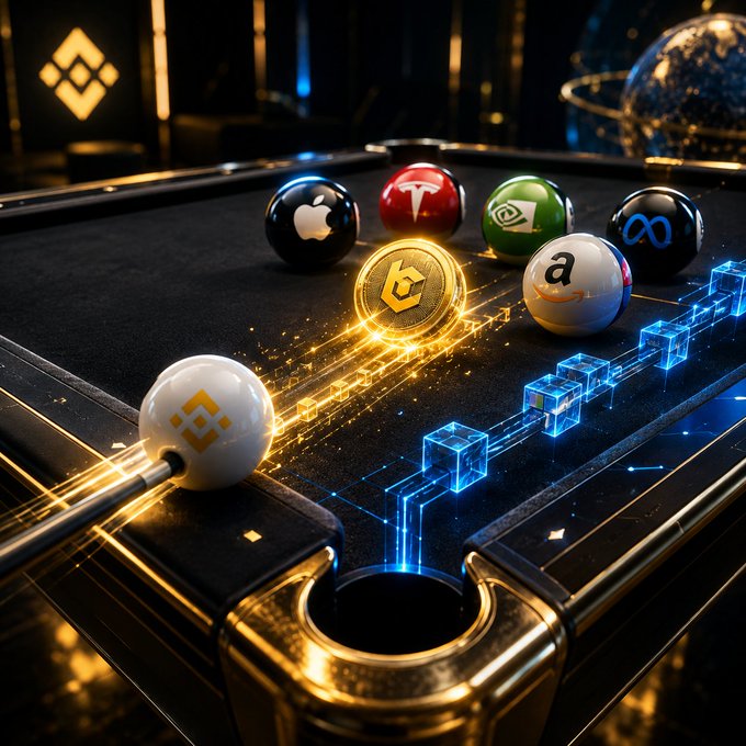 The image depicts a luxurious pool table with billiard balls branded with logos of major tech and crypto companies (Apple, Tesla, NVIDIA, Amazon, Meta) alongside glowing digital blockchain cubes and a golden coin, symbolizing a high-stakes investment game. It visually represents the post's theme of weighing potential gains from "bStocks," framing investing as a strategic play where each company is a ball to be pocketed for profit.