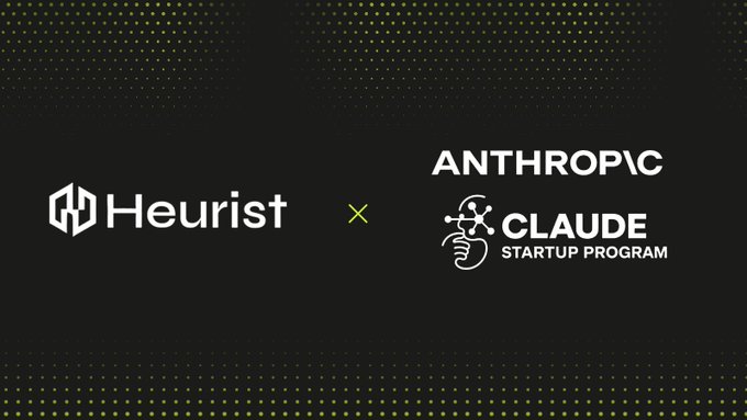 Black promotional graphic with a dotted border displaying the 'Heurist' logo on the left and the 'Anthropic Claude Startup Program' logo on the right, separated by a yellow 'x'.