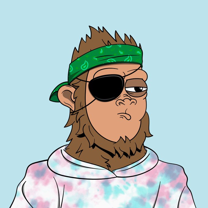 A cartoon illustration of a monkey or ape with brown fur wearing a green paisley bandana, a black eye patch over its right eye, and a colorful tie-dye shirt against a light blue background.